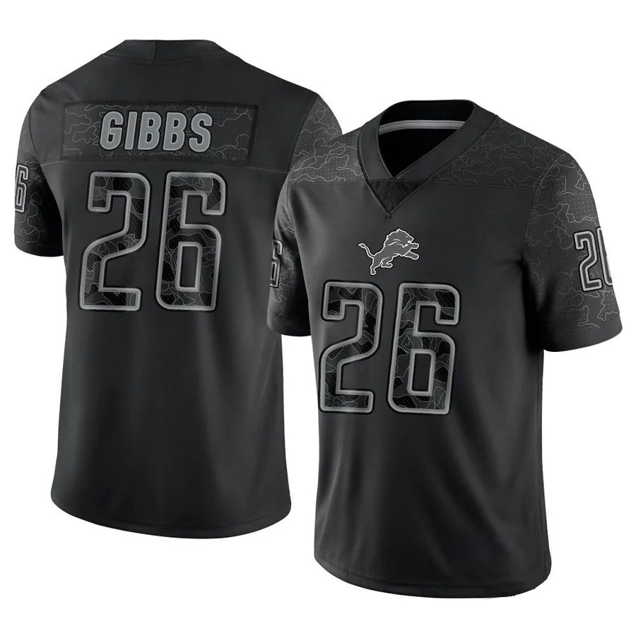 D.Lions #26 Jahmyr Gibbs Player Black REFLECTIVE Limited Football Jerseys